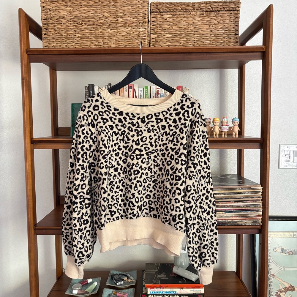 Anthropologie Cream and Black Leopard Crewneck Sweater